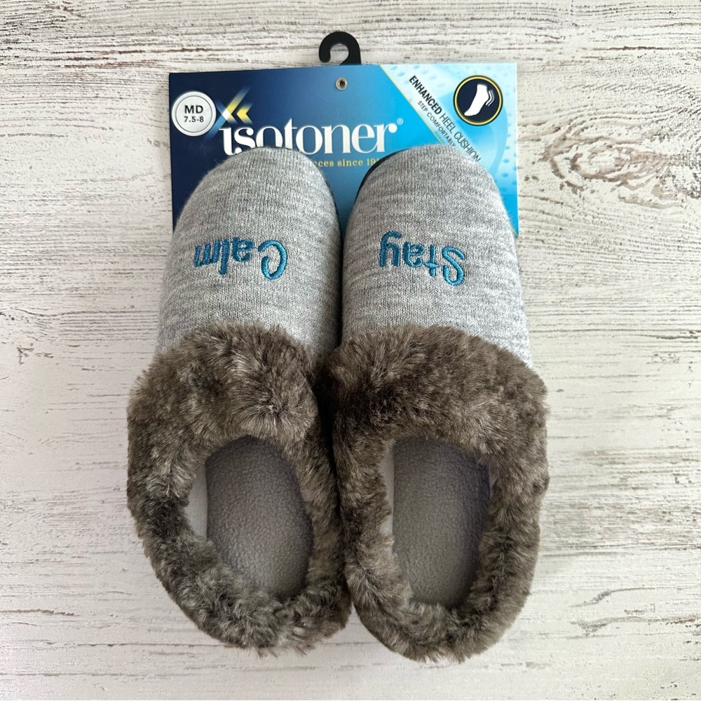 *3/$20* NWT ISOTONER Cushion Faux Fur “Stay Calm” Embroidered Slippers 7.5-8